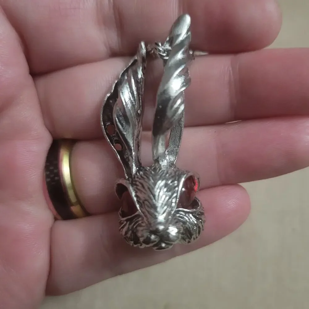 Men's Punk bunny rabbit necklace, silver tone with red eyes
